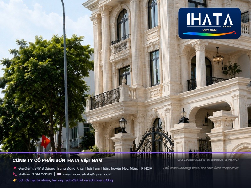 Thi Công Sơn giả đá Travertine vân ngang cao cấp Mới Nhất Tháng 08/2026 - Báo Giá Trọn Gói IHATA Tại Hà Nội Thi Công Sơn giả đá Travertine vân ngang cao cấp Mới Nhất Tháng 08/2026 - Báo Giá Trọn Gói IHATA Tại Hà Nội - Phối cảnh góc chụp xéo từ bên cạnh (side perspective)