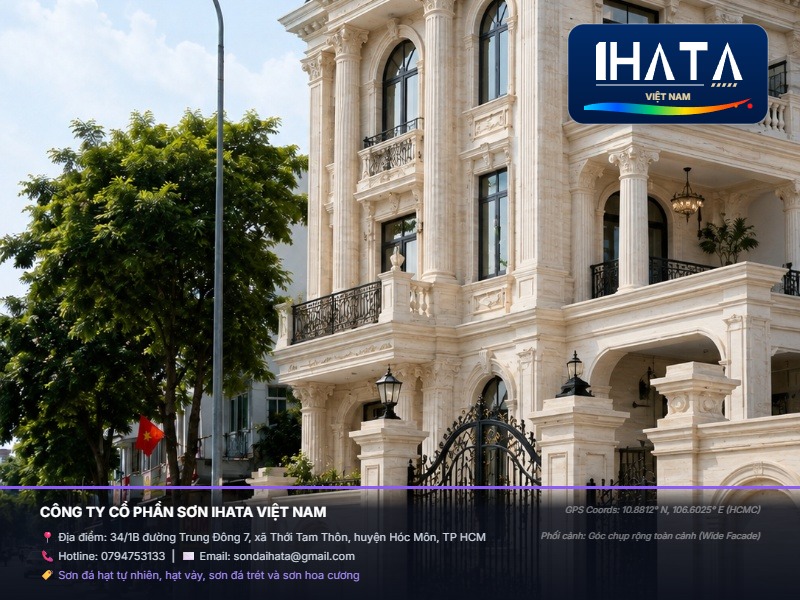 Thi Công Sơn giả đá Travertine vân ngang cao cấp Mới Nhất Tháng 08/2026 - Báo Giá Trọn Gói IHATA Tại Hà Nội Thi Công Sơn giả đá Travertine vân ngang cao cấp Mới Nhất Tháng 08/2026 - Báo Giá Trọn Gói IHATA Tại Hà Nội - Phối cảnh góc chụp rộng toàn cảnh (wide facade)